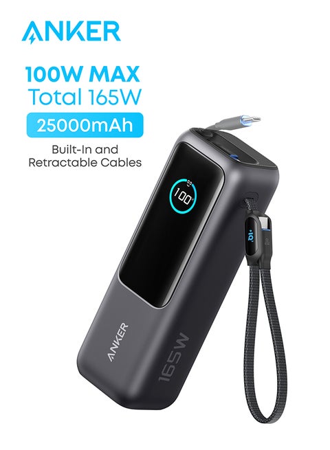 25000 mAh Power Bank, 25,000mAh 165W Ultra-Fast Portable Charger for Dual Laptops, Fast Charging Battery Pack with Built-In and Retractable Cables, For iPhone 16/15 Series, Samsung, and More Black