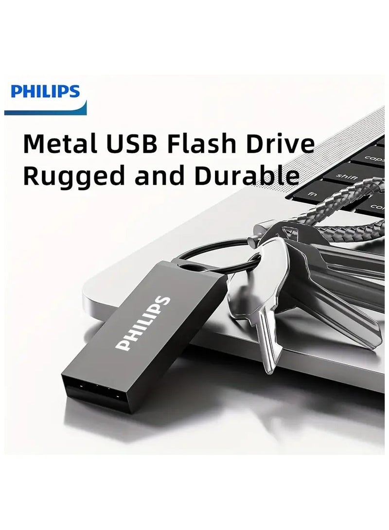 Philips - High-Speed Metal USB 2.0 Flash Drive - Retractable Thumb Drive 64GB, Shockproof & Antimagnetic Storage Device with Keyring for Data Transfer & Backup 64 GB - Image 1