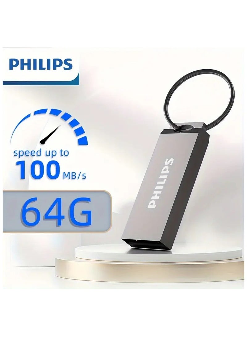 Philips - High-Speed Metal USB 2.0 Flash Drive - Retractable Thumb Drive 64GB, Shockproof & Antimagnetic Storage Device with Keyring for Data Transfer & Backup 64 GB - Image 1