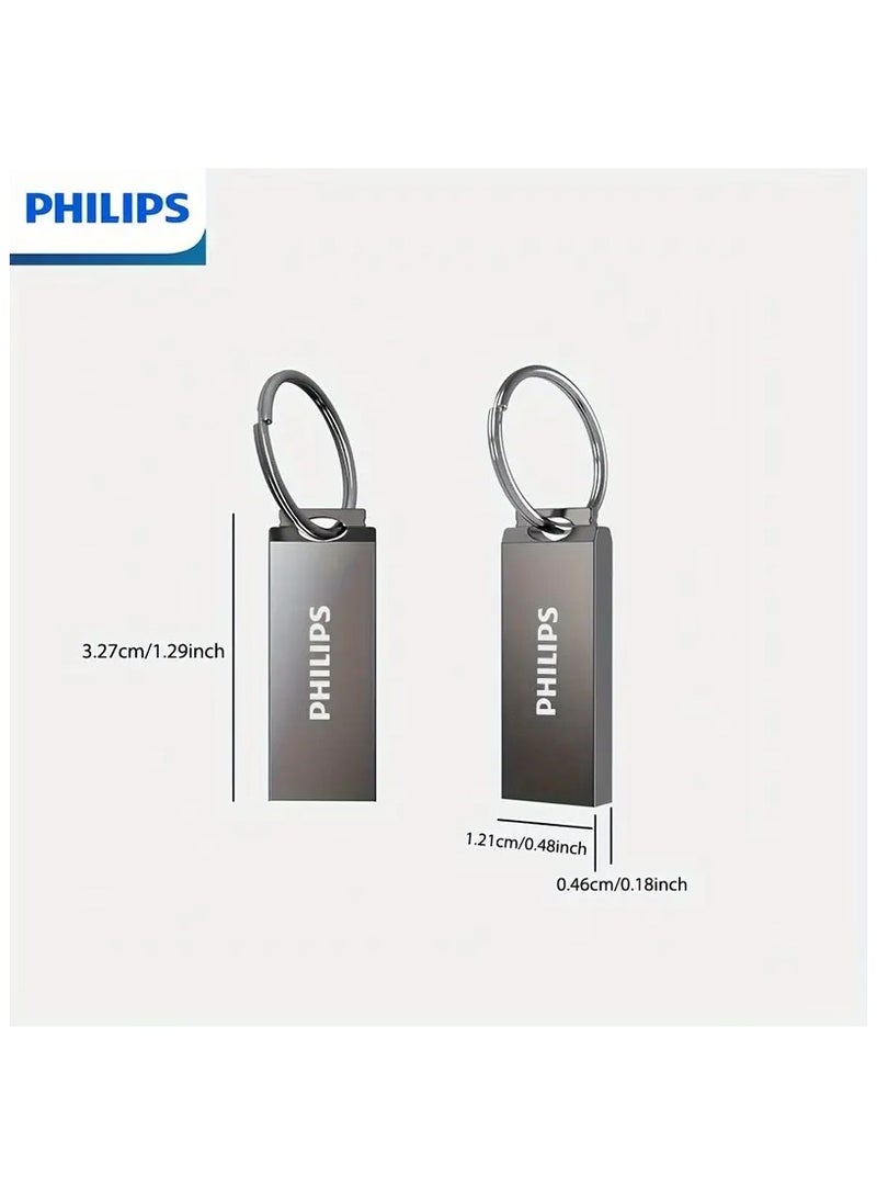 Philips - High-Speed Metal USB 2.0 Flash Drive - Retractable Thumb Drive 64GB, Shockproof & Antimagnetic Storage Device with Keyring for Data Transfer & Backup 64 GB - Image 1