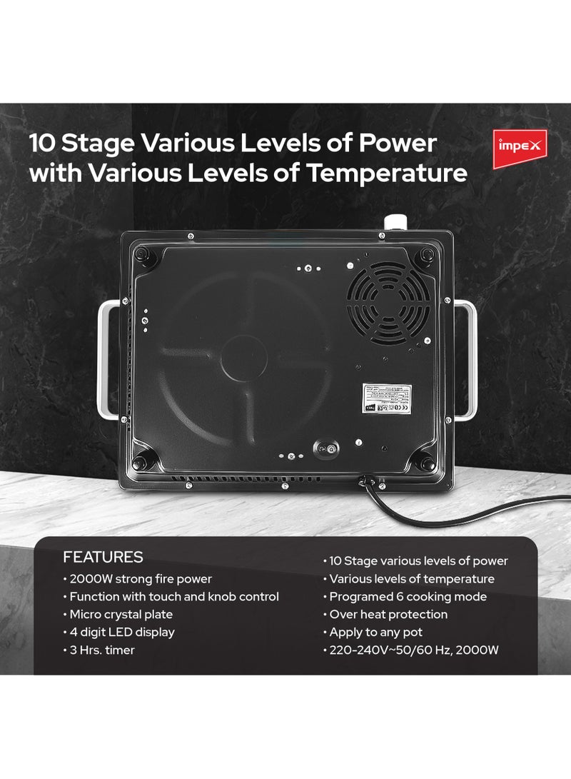 Impex - Infrared Cooktop, 2000W Induction Stove, 4 Digit LED Display, Touch Control, Microcrystal Plate,10 Temperature Levels, 4 Cooking Mode And 3hrs Timer, Overheat Protection IR 2703 Blak/Silver - Image 1