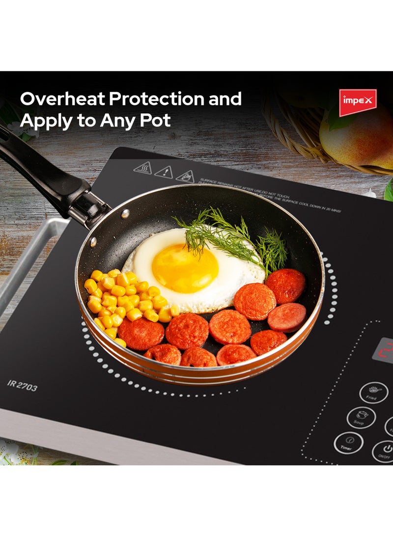 Impex - Infrared Cooktop, 2000W Induction Stove, 4 Digit LED Display, Touch Control, Microcrystal Plate,10 Temperature Levels, 4 Cooking Mode And 3hrs Timer, Overheat Protection IR 2703 Blak/Silver - Image 1