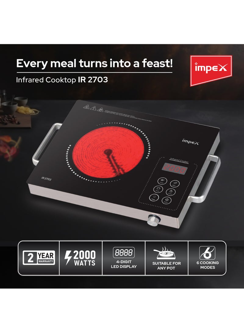 Impex - Infrared Cooktop, 2000W Induction Stove, 4 Digit LED Display, Touch Control, Microcrystal Plate,10 Temperature Levels, 4 Cooking Mode And 3hrs Timer, Overheat Protection IR 2703 Blak/Silver - Image 1