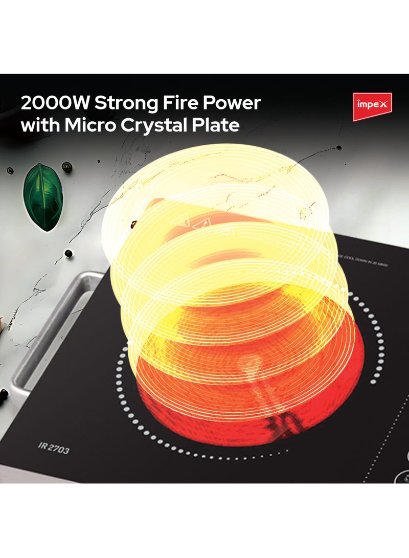 Impex - Infrared Cooktop, 2000W Induction Stove, 4 Digit LED Display, Touch Control, Microcrystal Plate,10 Temperature Levels, 4 Cooking Mode And 3hrs Timer, Overheat Protection IR 2703 Blak/Silver - Image 1