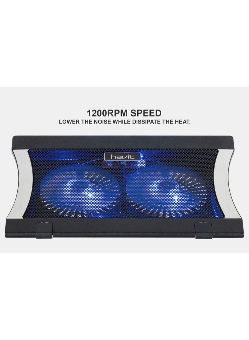 havit Gaming Cooling Pad Model F2051 Voltage range 5V 17 inch laptop , With A Revolving Speed Of 1000RPM , Ergonomic Design And Flat Structure , Dual USB Charging Supported  - Image 4