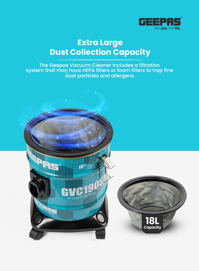 GEEPAS Drum Vacuum Cleaner- 18 L Dust Bag Capacity With Elegant Anti-Rust Metallic Body,  Powerful Suction, Dry and Blow Function, Dust Full Indicator,  Perfect for Home, Office, Apartments 18 L 2000 W GVC19053-GN Blue/Black  - Image 2