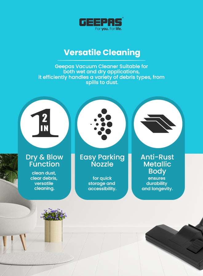 GEEPAS Drum Vacuum Cleaner- 18 L Dust Bag Capacity With Elegant Anti-Rust Metallic Body,  Powerful Suction, Dry and Blow Function, Dust Full Indicator,  Perfect for Home, Office, Apartments 18 L 2000 W GVC19053-GN Blue/Black  - Image 3