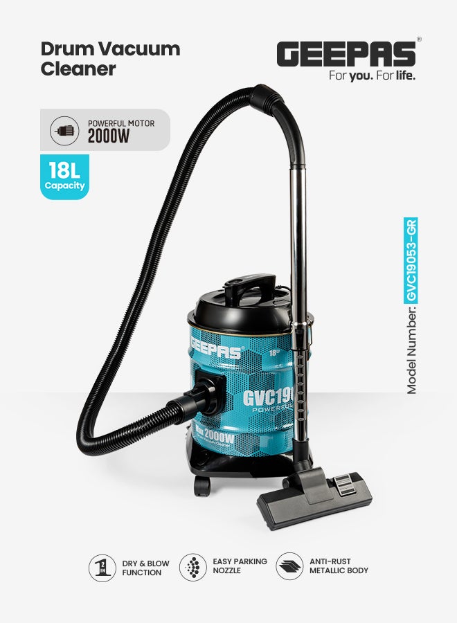 GEEPAS Drum Vacuum Cleaner- 18 L Dust Bag Capacity With Elegant Anti-Rust Metallic Body,  Powerful Suction, Dry and Blow Function, Dust Full Indicator,  Perfect for Home, Office, Apartments 18 L 2000 W GVC19053-GN Blue/Black  - Image 1