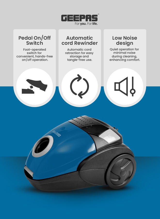 GEEPAS Drum Vacuum Cleaner With 1.5L Dust Bag Capacity , Powerful Suction and Lower Noise Design, Pedal On/Off Switch ,Flexible Hose, Washable Cloth Dust Bag 1.5 L 2200 W GVC19052-BL Blue/Black - Image 5
