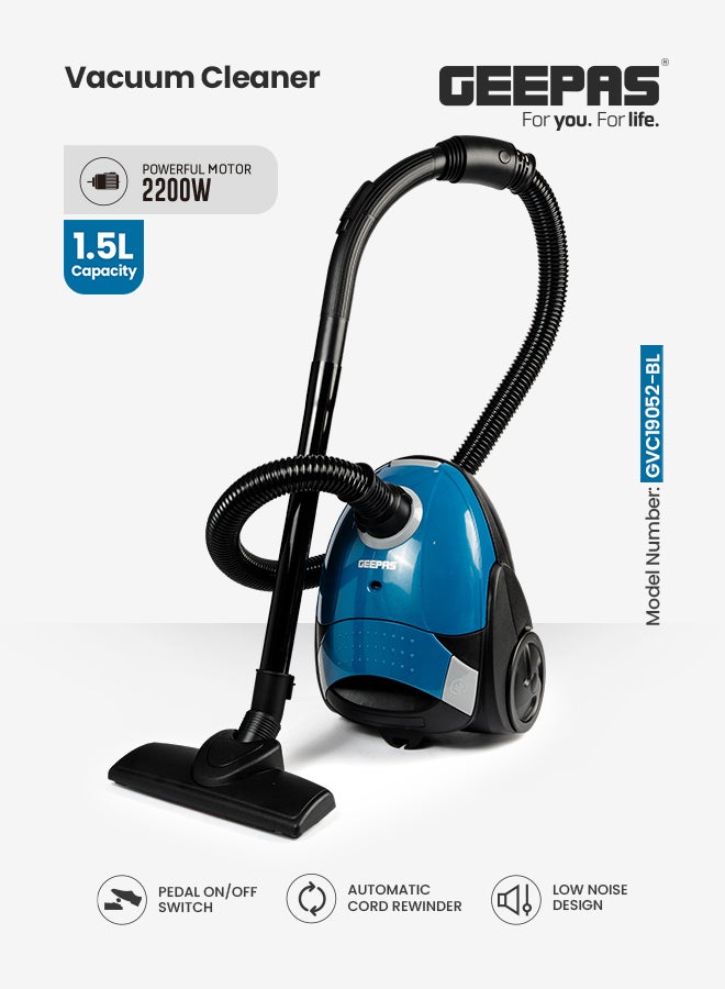 GEEPAS Drum Vacuum Cleaner With 1.5L Dust Bag Capacity , Powerful Suction and Lower Noise Design, Pedal On/Off Switch ,Flexible Hose, Washable Cloth Dust Bag 1.5 L 2200 W GVC19052-BL Blue/Black - Image 1
