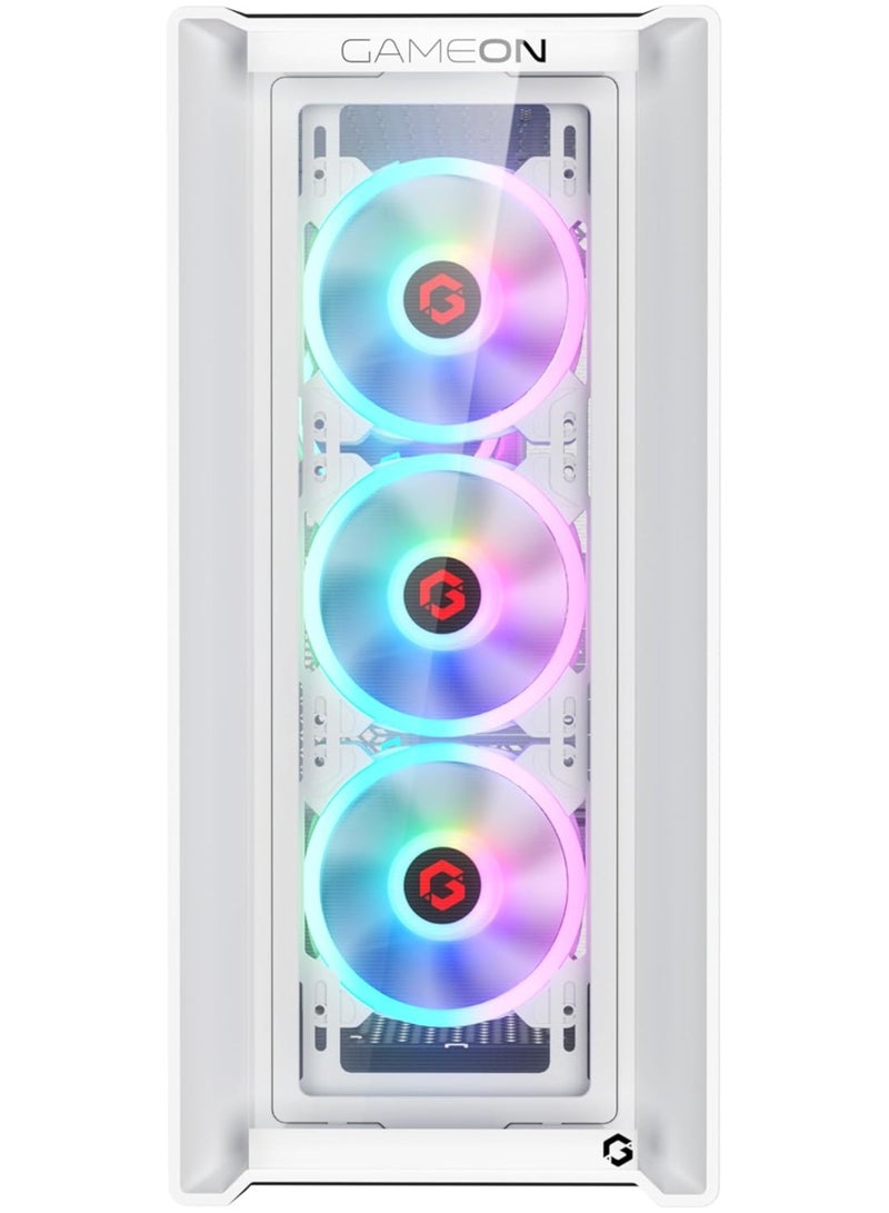 GameOn - Vortex Arctic Series Mid Tower PC Gaming Case 120mm ARGB+PWM Lighting 0.8mm Tempered Glass Pre-installed 4 RGB Cooling Fans Computer case Dust Filters Wide Motherboard Compatibility White - Image 1