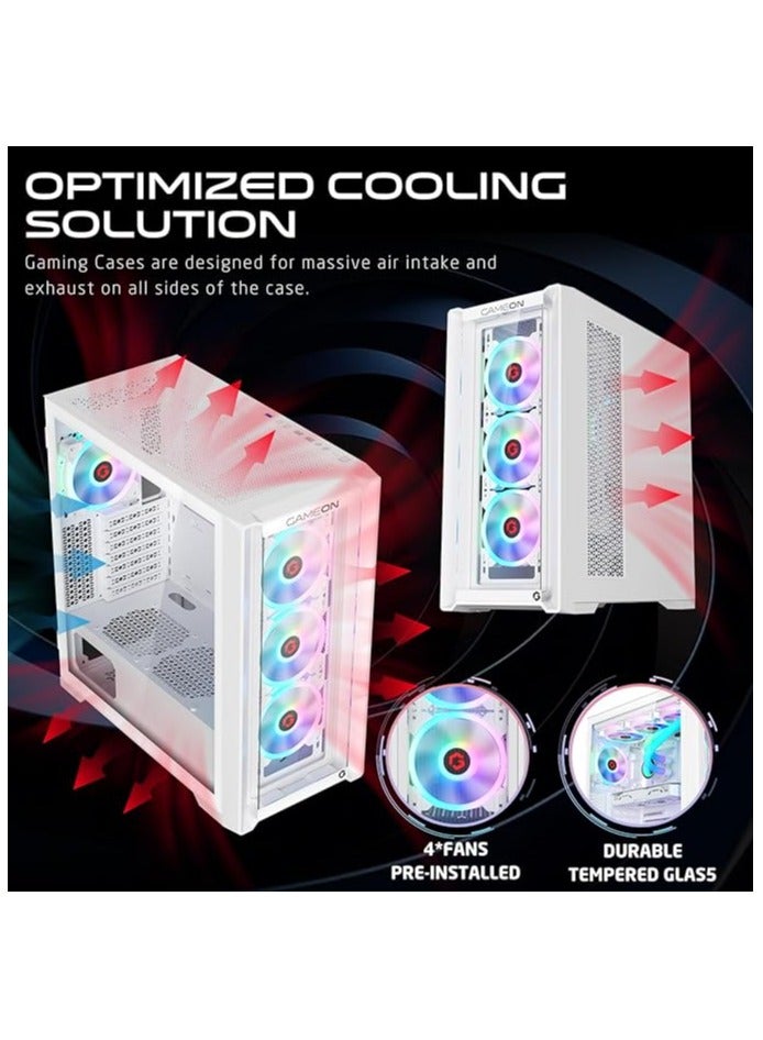 GameOn - Vortex Arctic Series Mid Tower PC Gaming Case 120mm ARGB+PWM Lighting 0.8mm Tempered Glass Pre-installed 4 RGB Cooling Fans Computer case Dust Filters Wide Motherboard Compatibility White - Image 1
