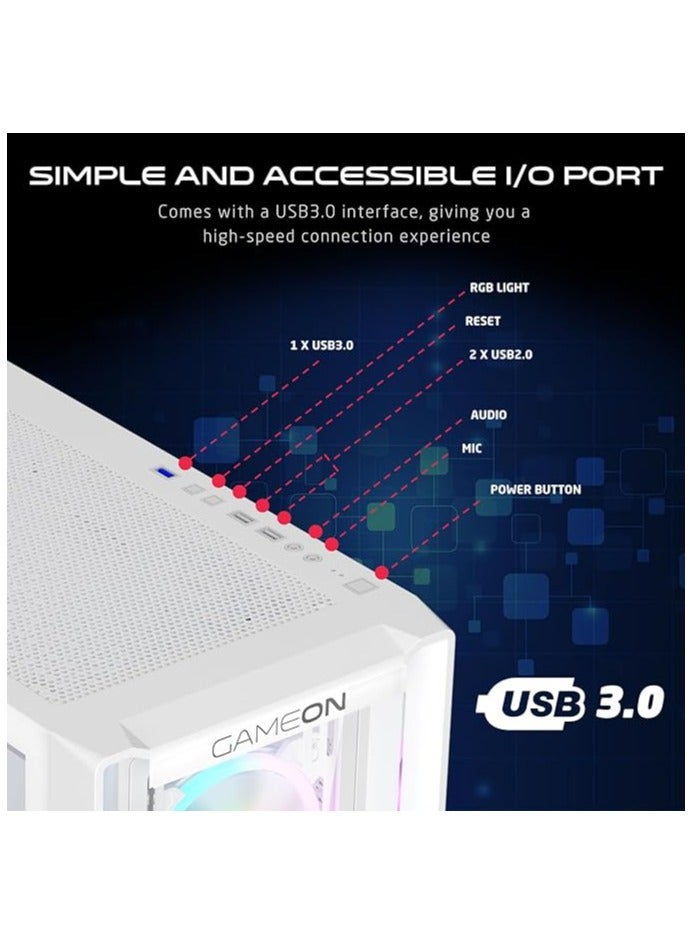 GameOn - Vortex Arctic Series Mid Tower PC Gaming Case 120mm ARGB+PWM Lighting 0.8mm Tempered Glass Pre-installed 4 RGB Cooling Fans Computer case Dust Filters Wide Motherboard Compatibility White - Image 1
