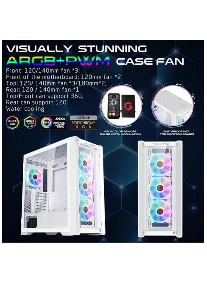 GameOn - Vortex Arctic Series Mid Tower PC Gaming Case 120mm ARGB+PWM Lighting 0.8mm Tempered Glass Pre-installed 4 RGB Cooling Fans Computer case Dust Filters Wide Motherboard Compatibility White - Image 1