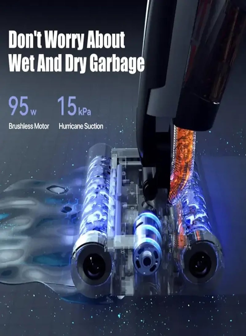 ديرما - Cordless Vacuum Cleaner Wet And Dry Vacuum Cleaner 15000PA Suction Force And Run Time Of Max 30 Mints, Double Roller Brush 600ml Clean Water Tank & 700ml Sewage Tank 4000mAh Battery 160W - 160 W VX96W Black - Image 1