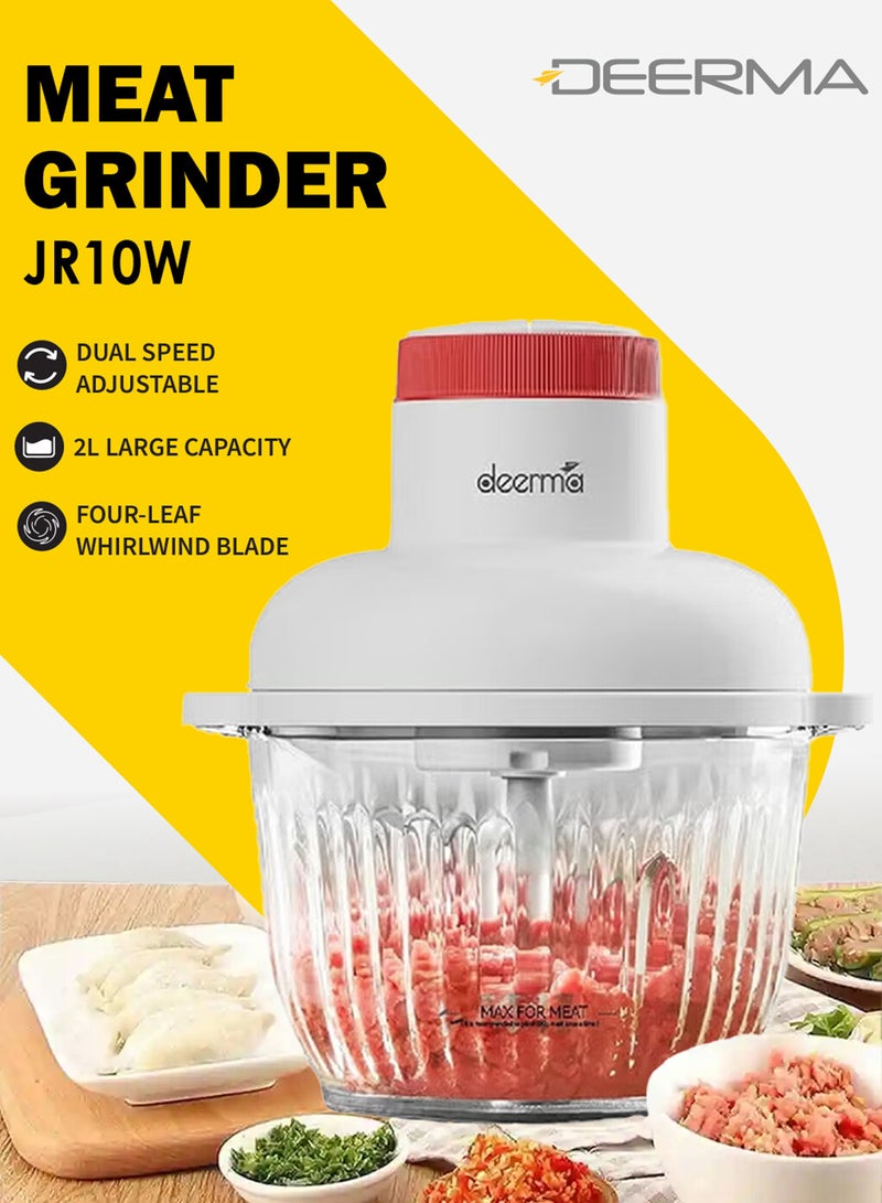 Deerma Multifunctional Dual Speed Meat Blender & Grinder Chopper Food Processor, 2L Capacity Powerful Motor,Dual Speed Adjustable Control & 4 Leaf Whirlwind Sharp Blade For Grinding 300 W JR10W White  - Image 1