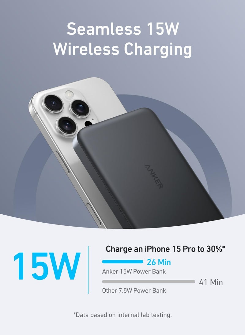 Anker - 10000 mAh MagGo Power Bank, Ultra-Slim 10,000mAh Magnetic Portable Charger, Qi2 Certified 15W Ultra-Fast MagSafe-Compatible Battery Pack, Ergonomic Design, For iPhone 16/15/14/13/12 Series Only Black - Image 1