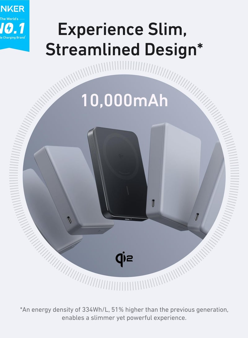 Anker - 10000 mAh MagGo Power Bank, Ultra-Slim 10,000mAh Magnetic Portable Charger, Qi2 Certified 15W Ultra-Fast MagSafe-Compatible Battery Pack, Ergonomic Design, For iPhone 16/15/14/13/12 Series Only Black - Image 1