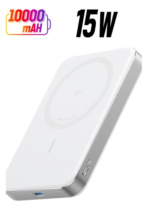 10000 mAh MagGo Power Bank, Ultra-Slim 10,000mAh Magnetic Portable Charger, Qi2 Certified 15W Ultra-Fast MagSafe-Compatible Battery Pack, Ergonomic Design, For iPhone 16/15/14/13/12 Series (10000mAh) White