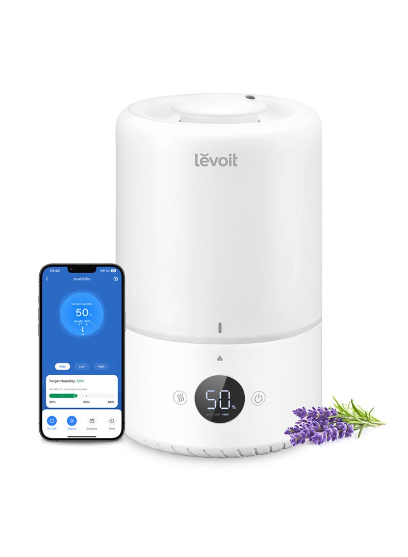 LEVOIT Dual 200S Smart Cool-Mist Humidifier For Bedroom 3L, Top-Fill Cool Humidifier For Baby Room & Home, Smart Control With Humidity For Plants, Quiet Operation With Auto Mode, Essential Oil, Shut-Off, Up To 25H For 27 ㎡ LUH-D301S-WUK White  - Image 1