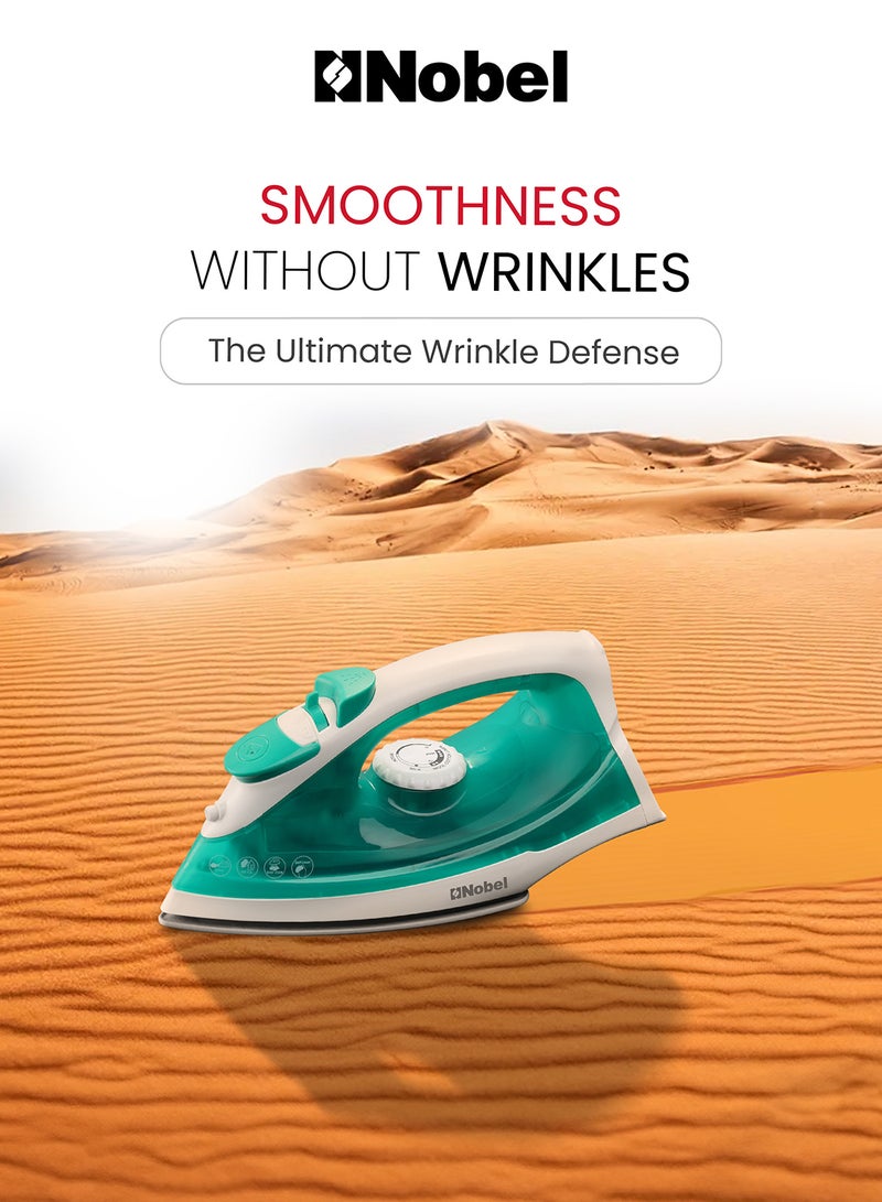 نوبل - Powerful Steam Iron With Ceramic Sole Plate, Dry Ironing, Adjustable Thermostat, 160ml Water Tank, 360° Swivel Cord, Overheat Protection, Spray & Steam Functions, Self-Cleaning 160 ml 1400 W NSI23 Green/White - Image 1