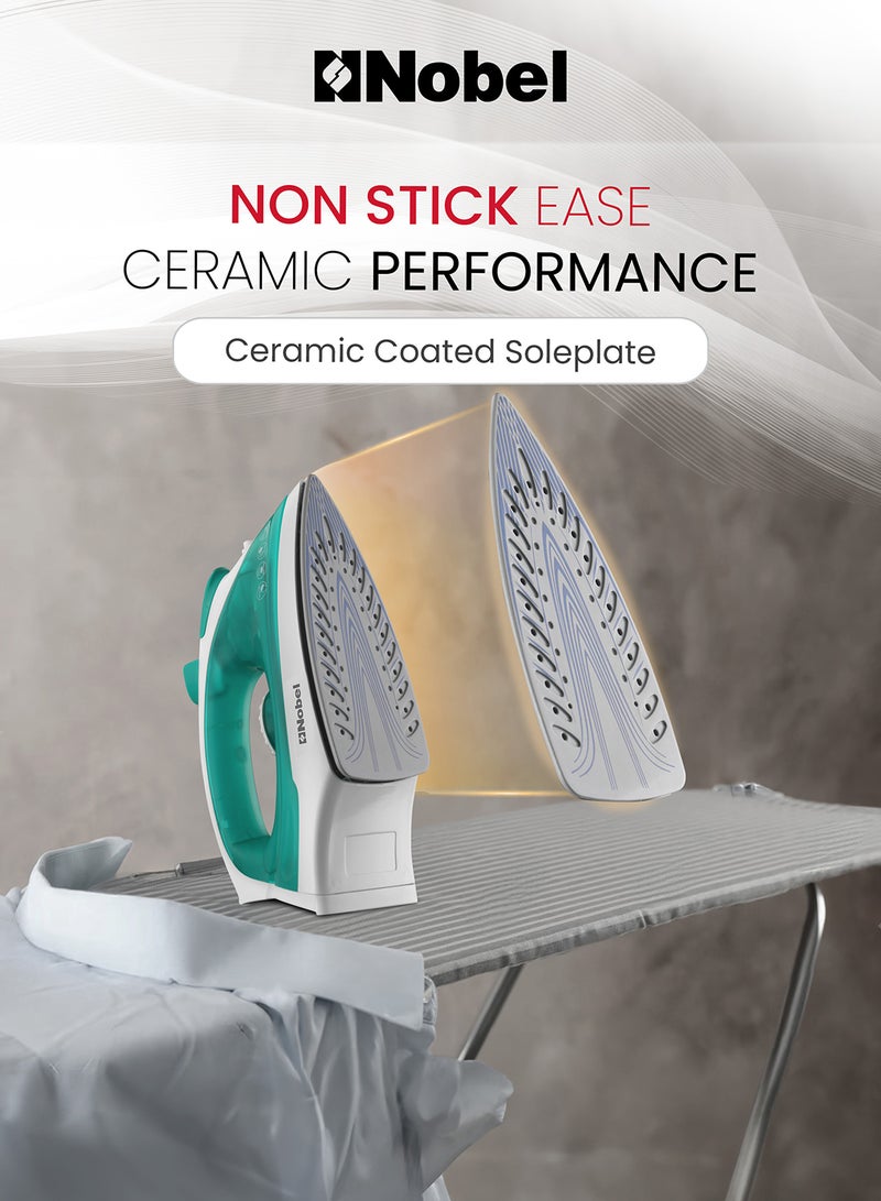 نوبل - Powerful Steam Iron With Ceramic Sole Plate, Dry Ironing, Adjustable Thermostat, 160ml Water Tank, 360° Swivel Cord, Overheat Protection, Spray & Steam Functions, Self-Cleaning 160 ml 1400 W NSI23 Green/White - Image 1