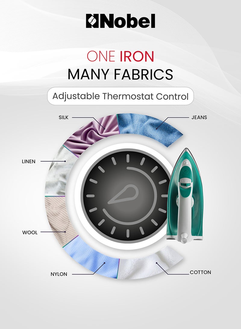 نوبل - Powerful Steam Iron With Ceramic Sole Plate, Dry Ironing, Adjustable Thermostat, 160ml Water Tank, 360° Swivel Cord, Overheat Protection, Spray & Steam Functions, Self-Cleaning 160 ml 1400 W NSI23 Green/White - Image 1