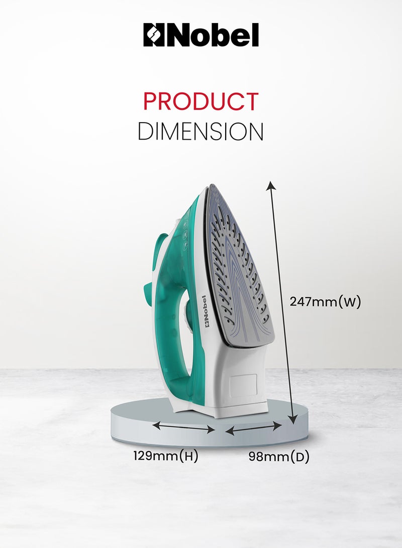نوبل - Powerful Steam Iron With Ceramic Sole Plate, Dry Ironing, Adjustable Thermostat, 160ml Water Tank, 360° Swivel Cord, Overheat Protection, Spray & Steam Functions, Self-Cleaning 160 ml 1400 W NSI23 Green/White - Image 1