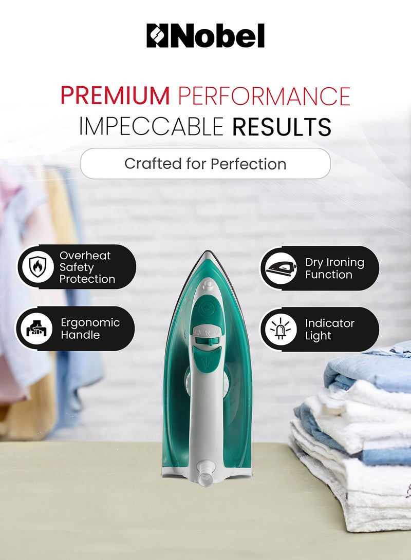 Nobel Powerful Steam Iron With Ceramic Sole Plate, Dry Ironing, Adjustable Thermostat, 160ml Water Tank, 360° Swivel Cord, Overheat Protection, Spray & Steam Functions, Self-Cleaning 160 ml 1400 W NSI23 Green/White  - Image 2