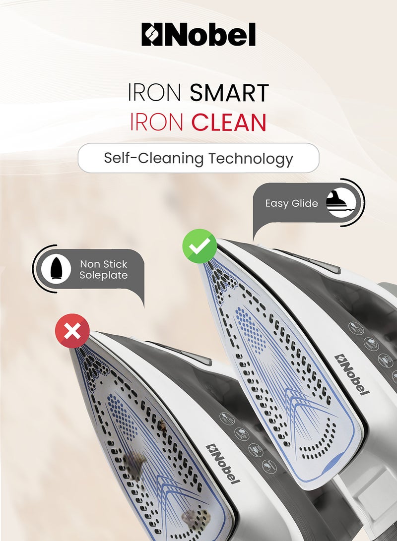 نوبل Powerful Steam Iron With 280ML Water Tank, Ceramic Sole Plate, Dry Ironing & Steam Function, Self-Cleaning, Adjustable Thermostat, 360° Swivel Cord, Overheat Protection 280 ml 2200 W NSI25 Black/White  - Image 3