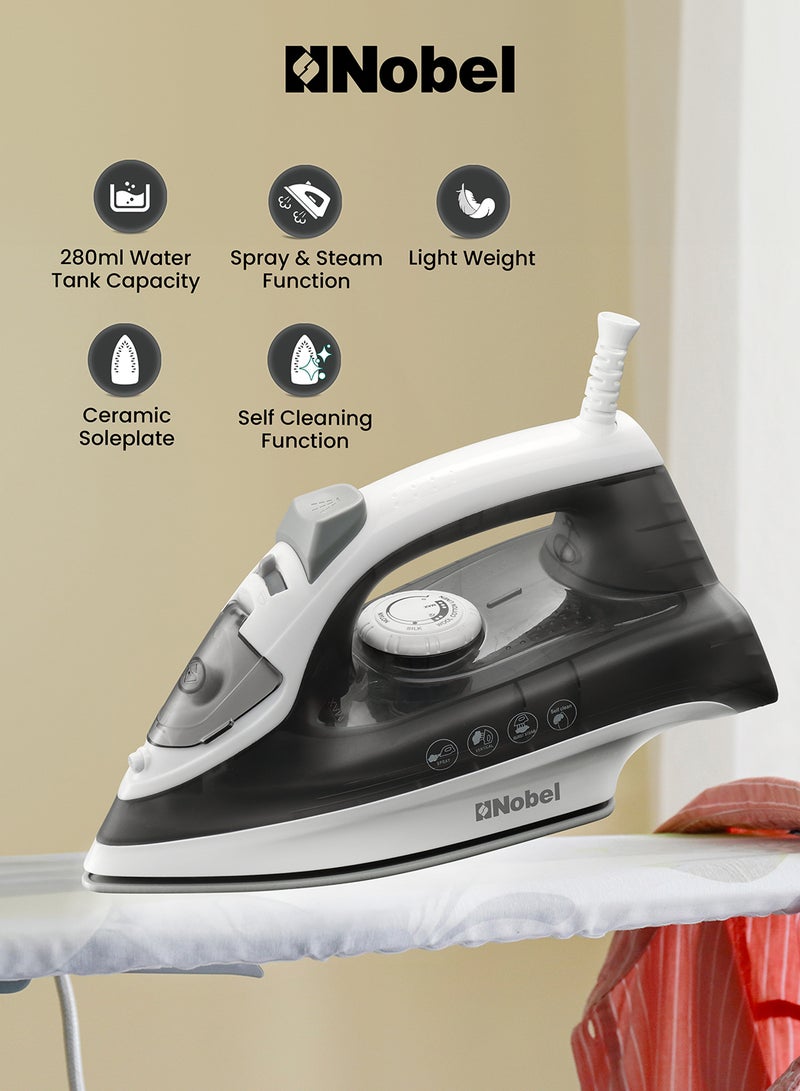 نوبل Powerful Steam Iron With 280ML Water Tank, Ceramic Sole Plate, Dry Ironing & Steam Function, Self-Cleaning, Adjustable Thermostat, 360° Swivel Cord, Overheat Protection 280 ml 2200 W NSI25 Black/White  - Image 1