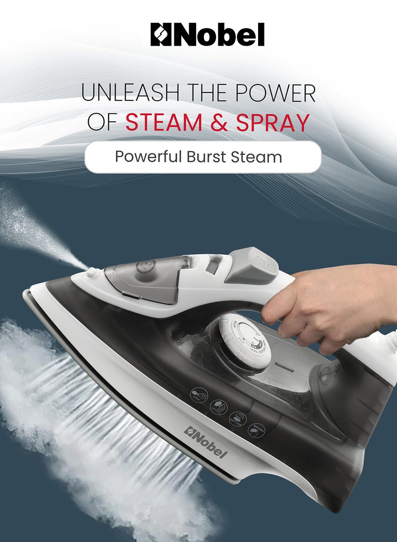 نوبل Powerful Steam Iron With 280ML Water Tank, Ceramic Sole Plate, Dry Ironing & Steam Function, Self-Cleaning, Adjustable Thermostat, 360° Swivel Cord, Overheat Protection 280 ml 2200 W NSI25 Black/White  - Image 4