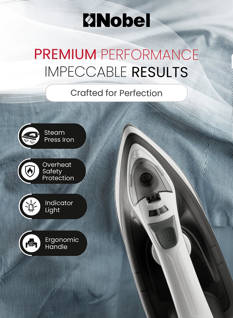 نوبل Powerful Steam Iron With 280ML Water Tank, Ceramic Sole Plate, Dry Ironing & Steam Function, Self-Cleaning, Adjustable Thermostat, 360° Swivel Cord, Overheat Protection 280 ml 2200 W NSI25 Black/White  - Image 2