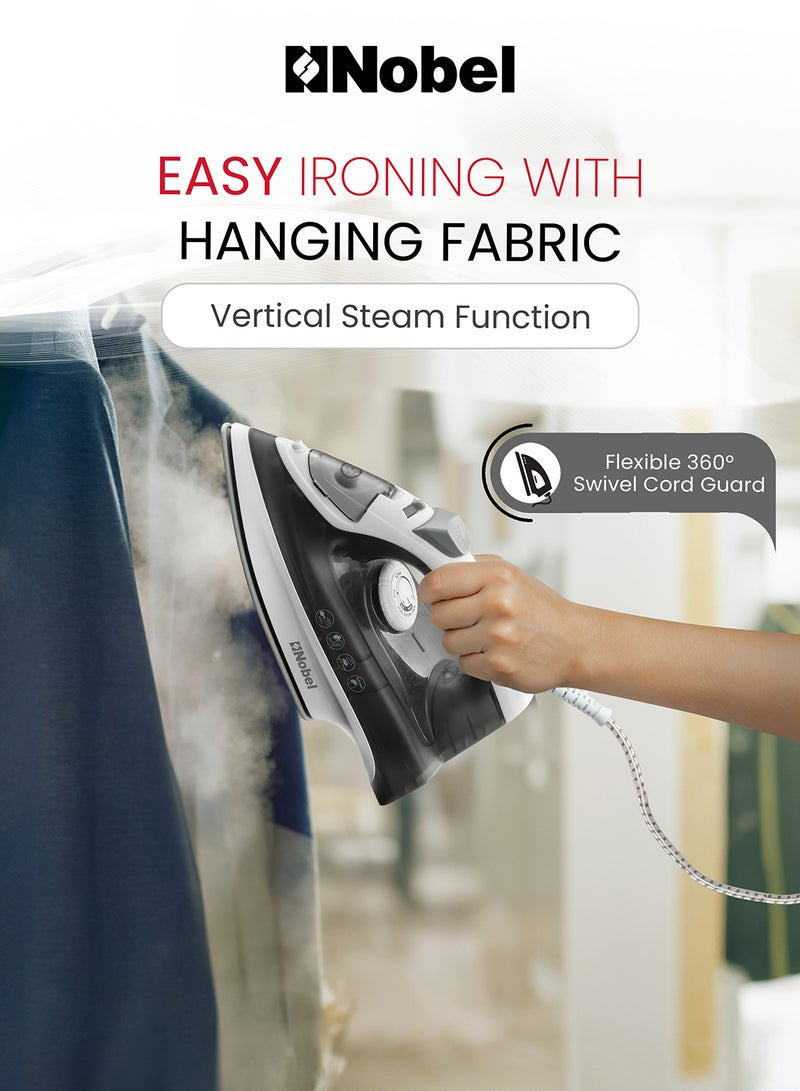 نوبل Powerful Steam Iron With 280ML Water Tank, Ceramic Sole Plate, Dry Ironing & Steam Function, Self-Cleaning, Adjustable Thermostat, 360° Swivel Cord, Overheat Protection 280 ml 2200 W NSI25 Black/White  - Image 5