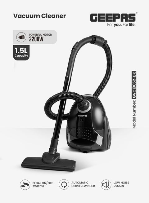 Drum Vacuum Cleaner With 1.5l Dust Bag Capacity , Powerful Suction And Lower Noise Design, Pedal On/Off Switch , Flexible Hose, Washable Cloth Dust Bag 1.5 L 2200 W GVC19052-BK Black