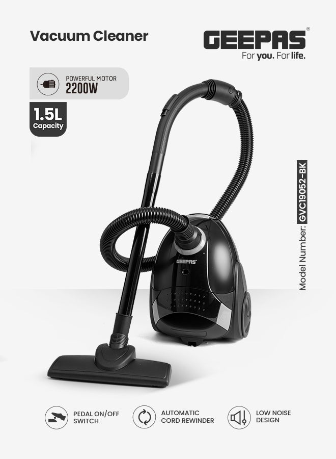 Drum Vacuum Cleaner With 1.5l Dust Bag Capacity , Powerful Suction And Lower Noise Design, Pedal On/Off Switch , Flexible Hose, Washable Cloth Dust Bag 1.5 L 2200 W GVC19052-BK Black