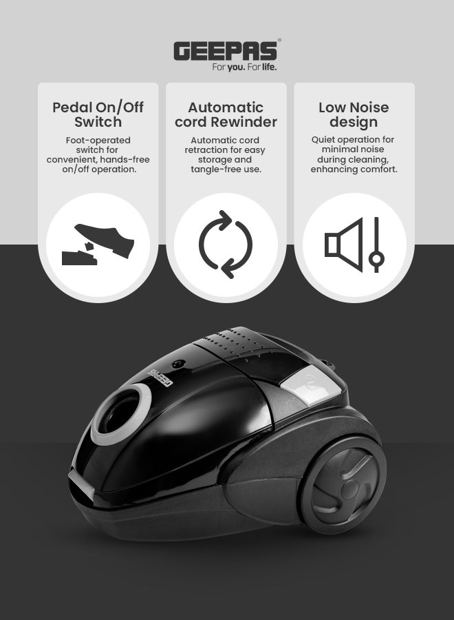 Drum Vacuum Cleaner With 1.5l Dust Bag Capacity , Powerful Suction And Lower Noise Design, Pedal On/Off Switch , Flexible Hose, Washable Cloth Dust Bag 1.5 L 2200 W GVC19052-BK Black