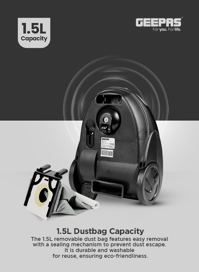 Drum Vacuum Cleaner With 1.5l Dust Bag Capacity , Powerful Suction And Lower Noise Design, Pedal On/Off Switch , Flexible Hose, Washable Cloth Dust Bag 1.5 L 2200 W GVC19052-BK Black