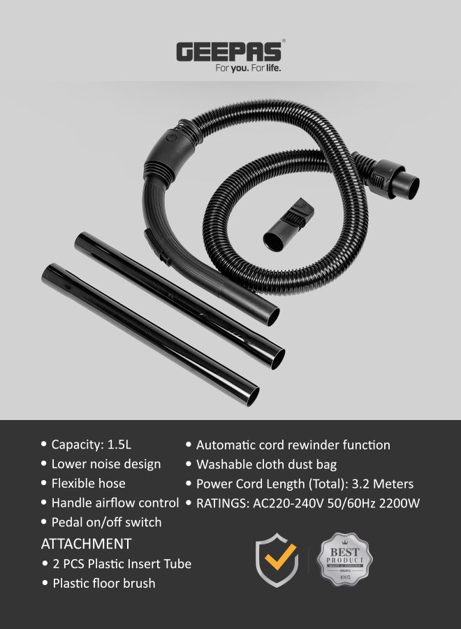 Drum Vacuum Cleaner With 1.5l Dust Bag Capacity , Powerful Suction And Lower Noise Design, Pedal On/Off Switch , Flexible Hose, Washable Cloth Dust Bag 1.5 L 2200 W GVC19052-BK Black