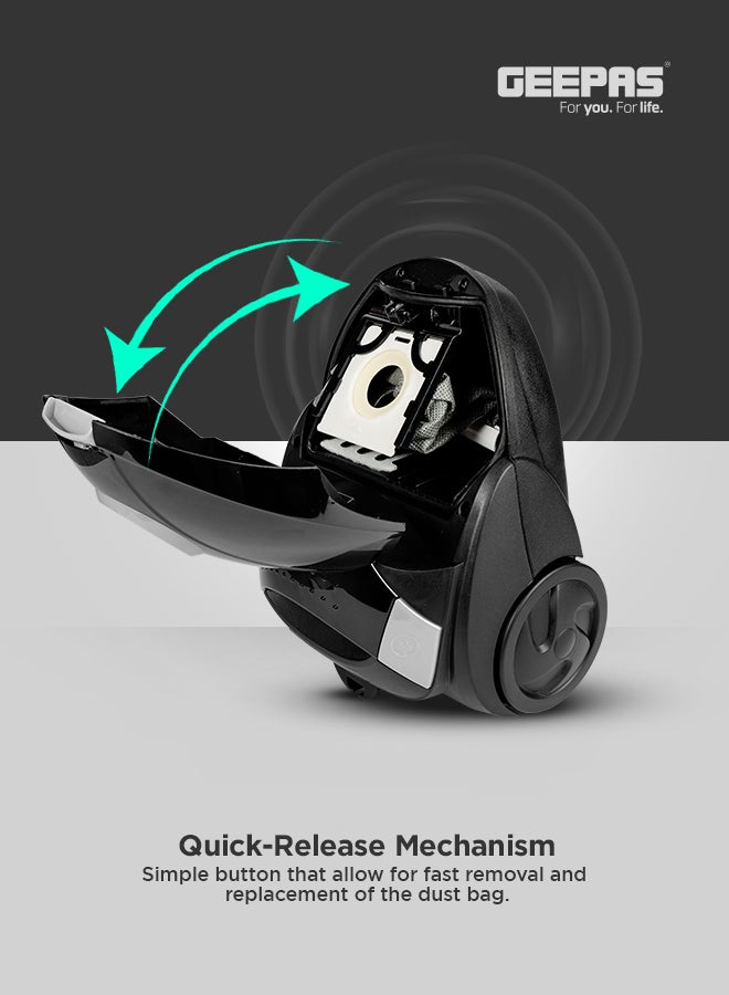 Drum Vacuum Cleaner With 1.5l Dust Bag Capacity , Powerful Suction And Lower Noise Design, Pedal On/Off Switch , Flexible Hose, Washable Cloth Dust Bag 1.5 L 2200 W GVC19052-BK Black