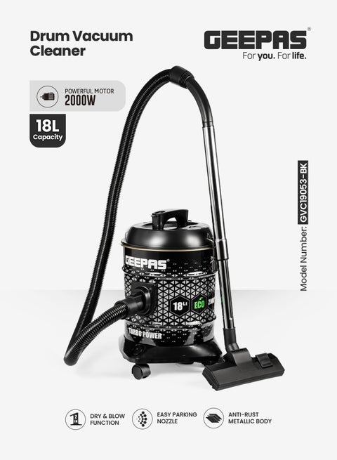 Drum Vacuum Cleaner- 18 L Dust Bag Capacity with Elegant Anti-Rust Metalic Body 18 L 2000 W GVC19053-BK Black