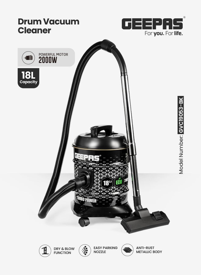 GEEPAS Drum Vacuum Cleaner- 18 L Dust Bag Capacity with Elegant Anti-Rust Metalic Body 18 L 2000 W GVC19053-BK Black - Image 1