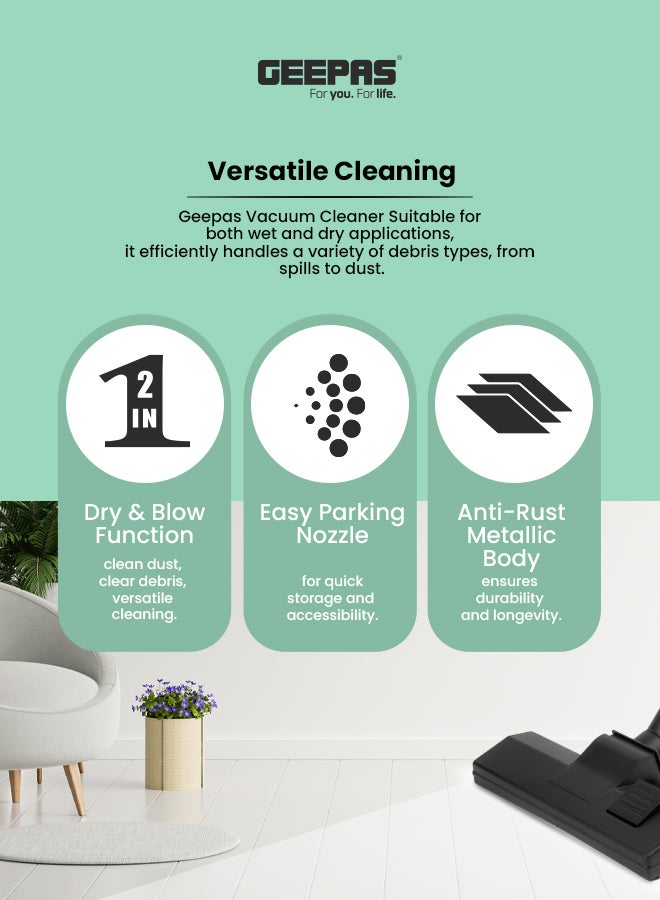 GEEPAS Drum Vacuum Cleaner- 18 L Dust Bag Capacity with Elegant Anti-Rust Metalic Body 18 L 2000 W GVC19053-BK Black - Image 3