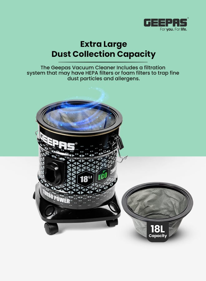 GEEPAS Drum Vacuum Cleaner- 18 L Dust Bag Capacity with Elegant Anti-Rust Metalic Body 18 L 2000 W GVC19053-BK Black - Image 2