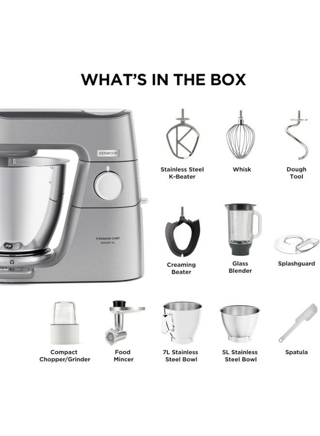 KENWOOD Kitchen Machine Titanium Chef Baker, Built-in Weighing Scale, DuoBowl 7L+5L Cap, 4 Tools, 3 Attachemnts, Glass Blender, Mincer, Multi Mill 7 L 1800 W KVL85.344SI Silver - Image 4