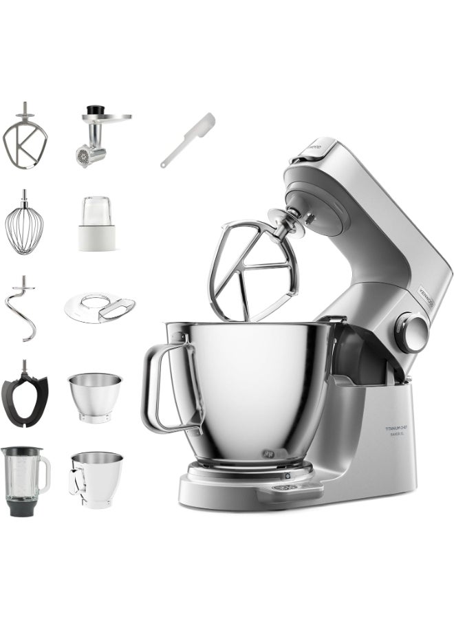 KENWOOD Kitchen Machine Titanium Chef Baker, Built-in Weighing Scale, DuoBowl 7L+5L Cap, 4 Tools, 3 Attachemnts, Glass Blender, Mincer, Multi Mill 7 L 1800 W KVL85.344SI Silver - Image 1