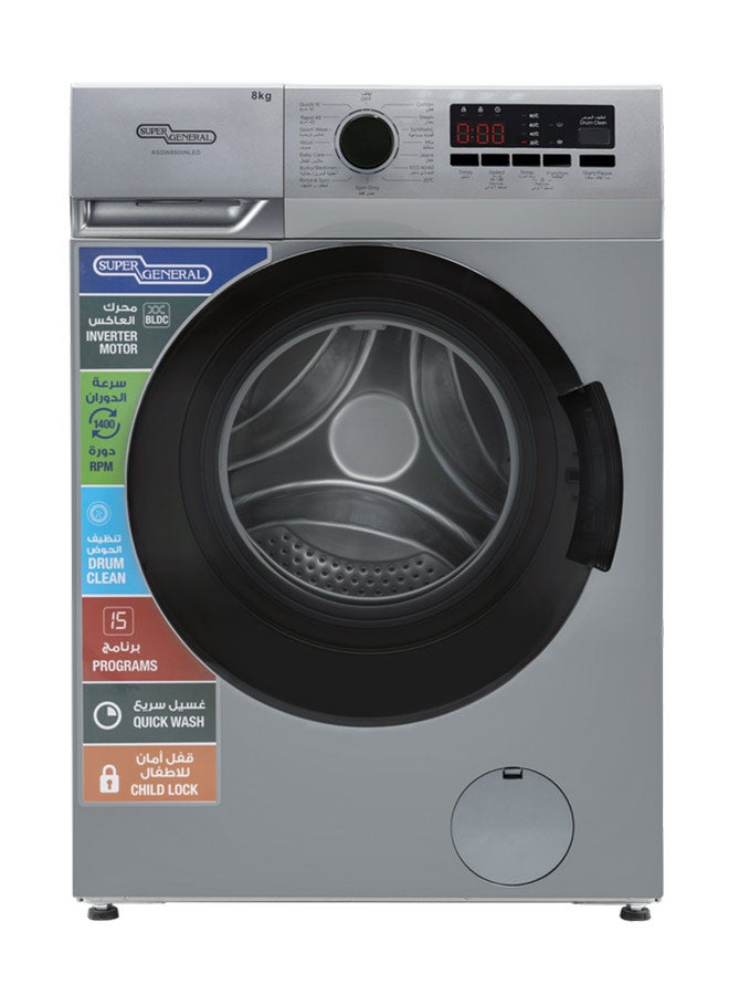 سوبر جنرال 8kg Front Loading Washing Machine With 1400rpm, High Energy Efficiency, LED Digital Display & Chrome Door, Quick Wash, Auto Balancing Control, Silent Operation, Stainless Steel Drum, KSGW8500NLED Silver  - Image 1