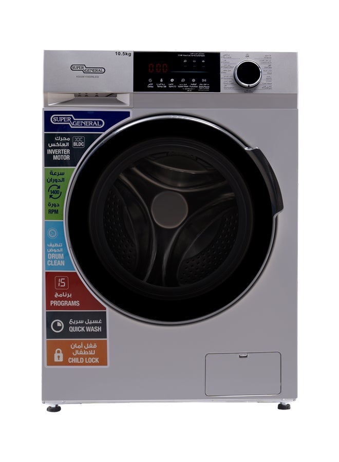 سوبر جنرال 10.5kg Front Loading Washing Machine With 1400rpm, High Energy Efficiency, LED Digital Display & Chrome Door, Quick Wash, Auto Balancing Control, Silent Operation, Stainless Steel Drum, KSGW11500NLED Silver  - Image 1