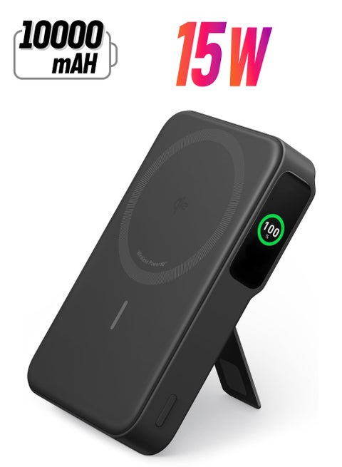 10000 mAh 10000 mAh MagGo Power Bank, Qi2 Certified 15W Ultra-Fast MagSafe-Compatible Portable Charger, 10,000mAh Battery Pack with Smart Display and Foldable Stand, For iPhone 16/15/14/13 Only(USB-C Cable Include) Black