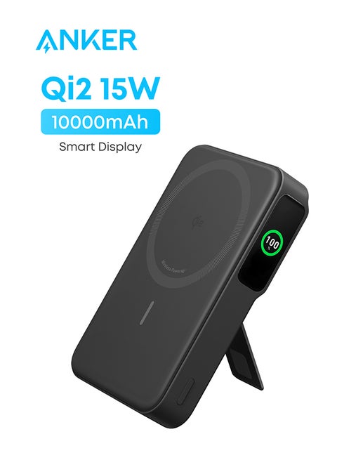 10000 mAh 10000 mAh MagGo Power Bank, Qi2 Certified 15W Ultra-Fast MagSafe-Compatible Portable Charger, 10,000mAh Battery Pack with Smart Display and Foldable Stand, For iPhone 16/15/14/13 Only(USB-C Cable Include) Black